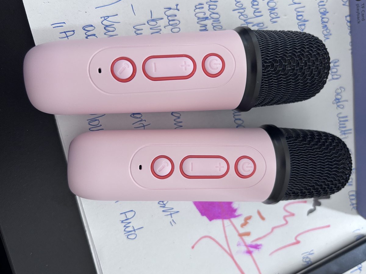 Bezprzewodowy zestaw karaoke – głośnik Bluetooth RGB + 2 mikrofony, różowy